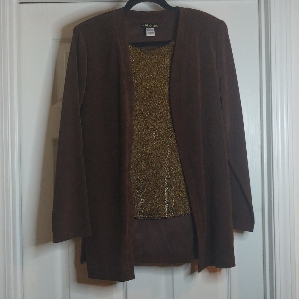 Citi Dress Brown Suede and Gold Long sleeve Top Size 10
